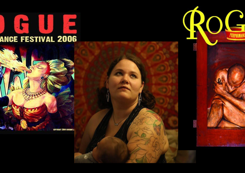 banner with three rogue festival muses