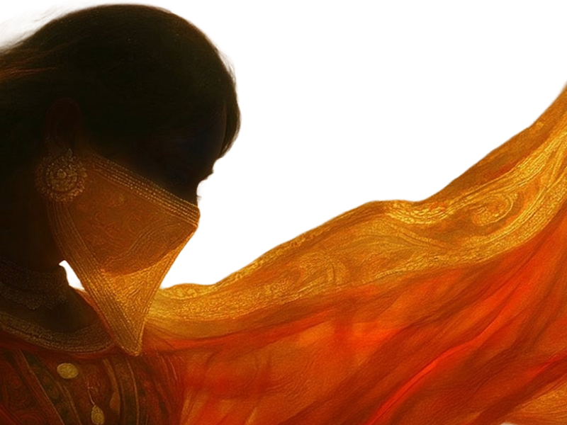 Outline of Salome dancing against her flowing orange fabric