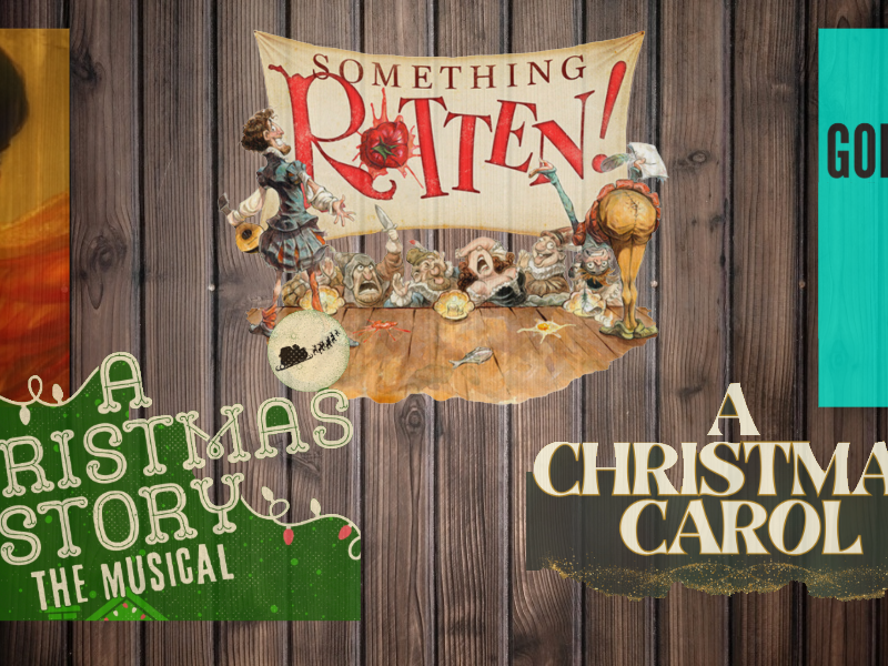 banner with images of salome, something rotten, a christmas story, a christmas carol, and godspell