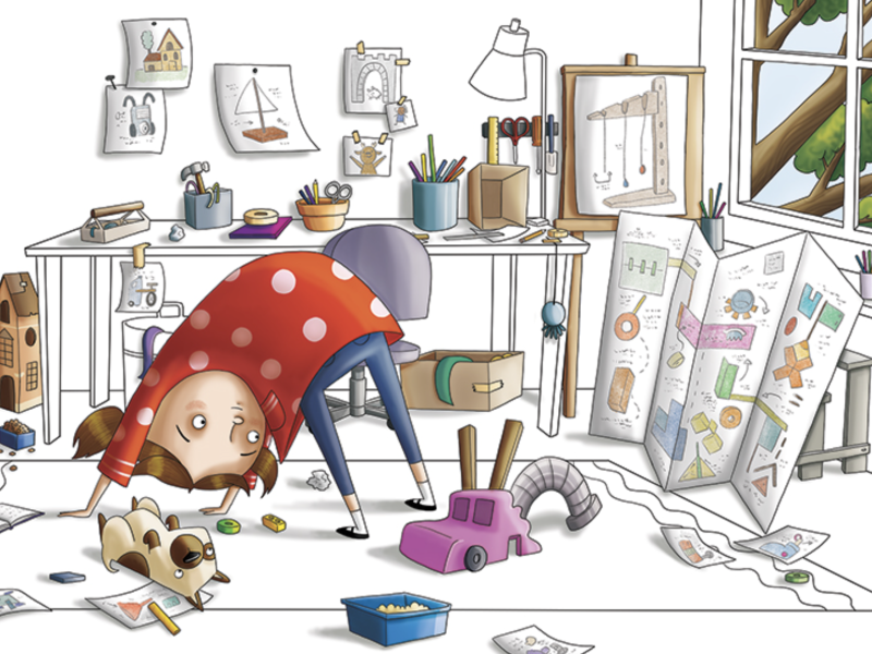 Digital illustration of a young girl tinkering in her room with her dog.