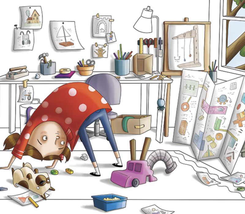 Digital illustration of a young girl tinkering in her room with her dog.